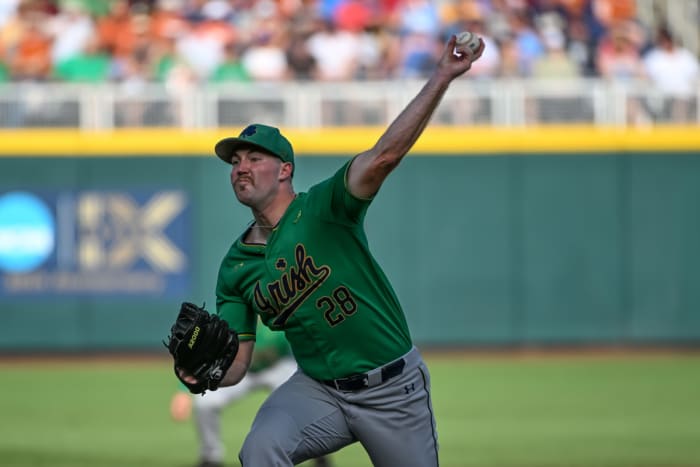 SF Giants pitching prospect John Michael Bertrand throws a pitch during his tenure at Notre Dame. (2022)